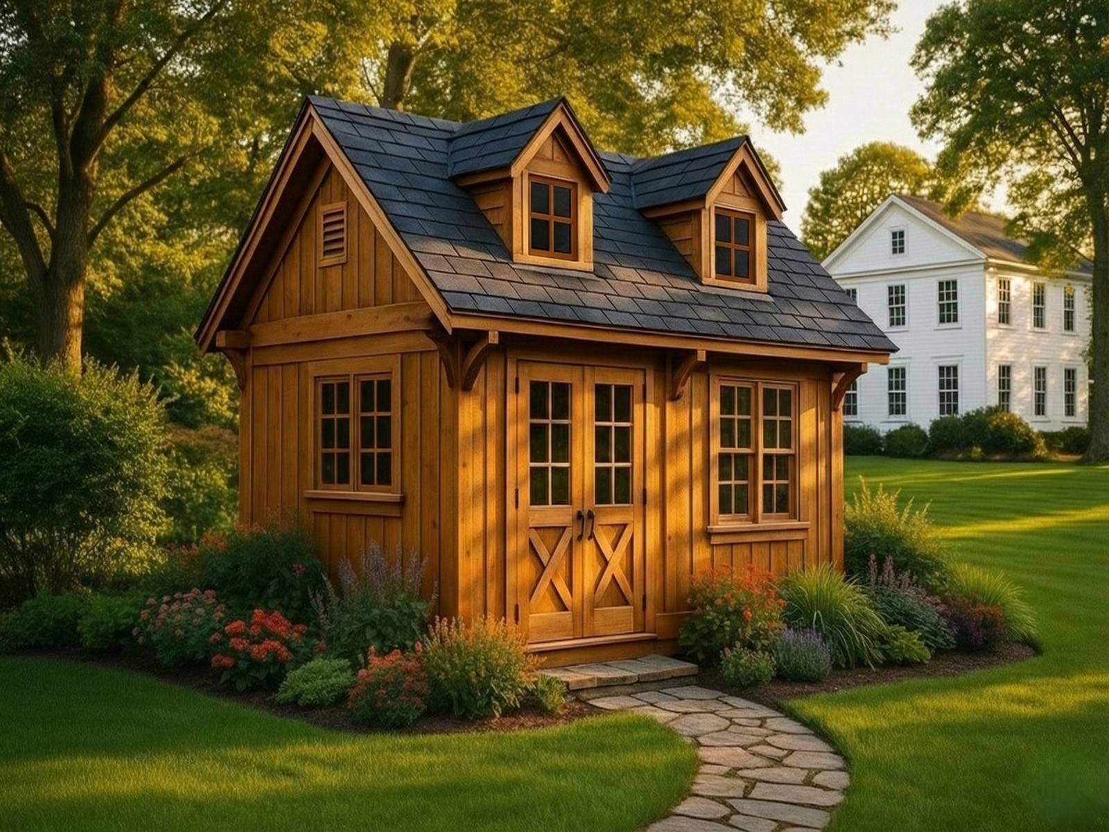 Warm stained Appalachian carriage house shed with double dormers and handcrafted wood doors