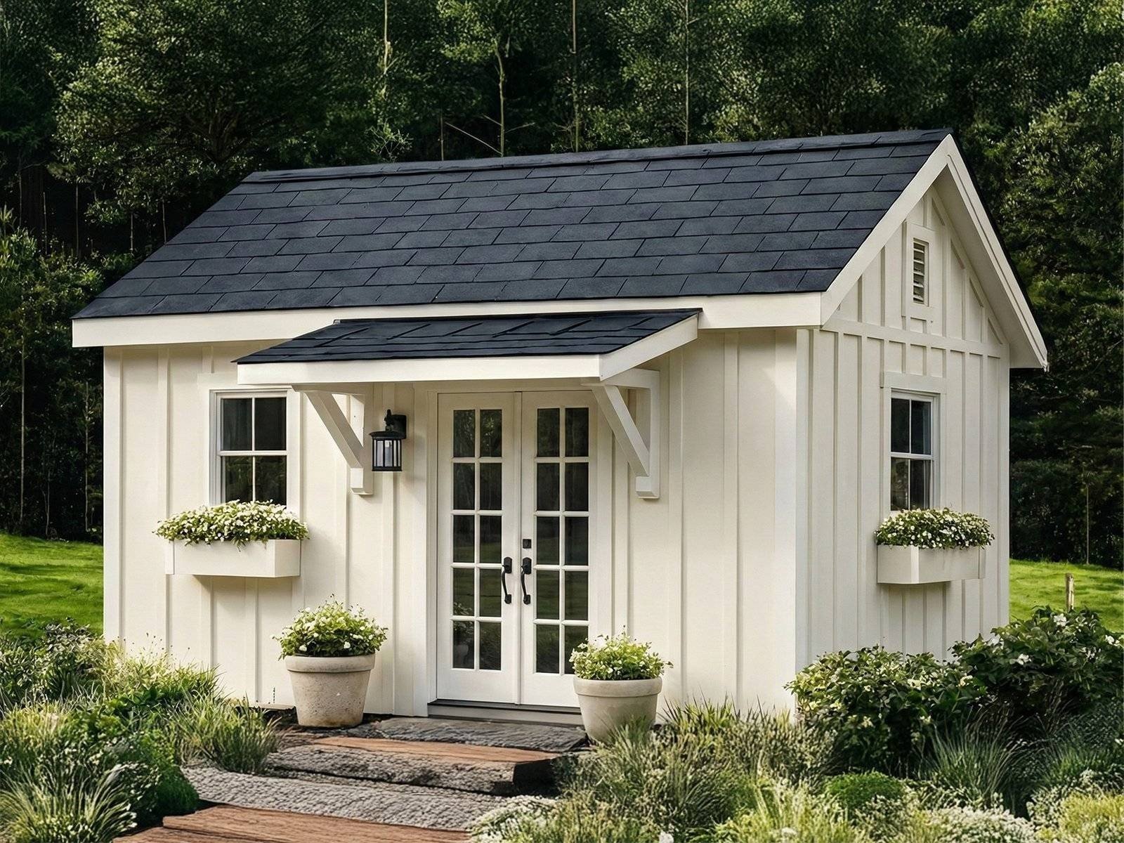 Appalachian Classic shed with white board-and-batten siding, French doors, porch overhang, and flower boxes in summer garden