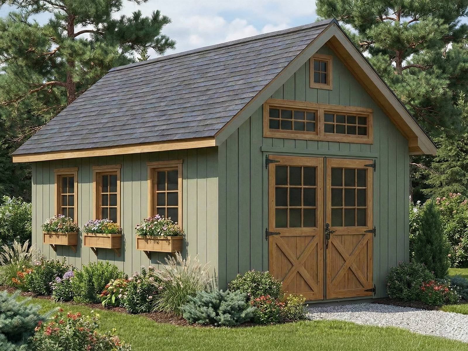 Appalachian Country Cottage backyard shed with green LP SmartSide panel siding, loft windows, flower boxes, and double barn doors