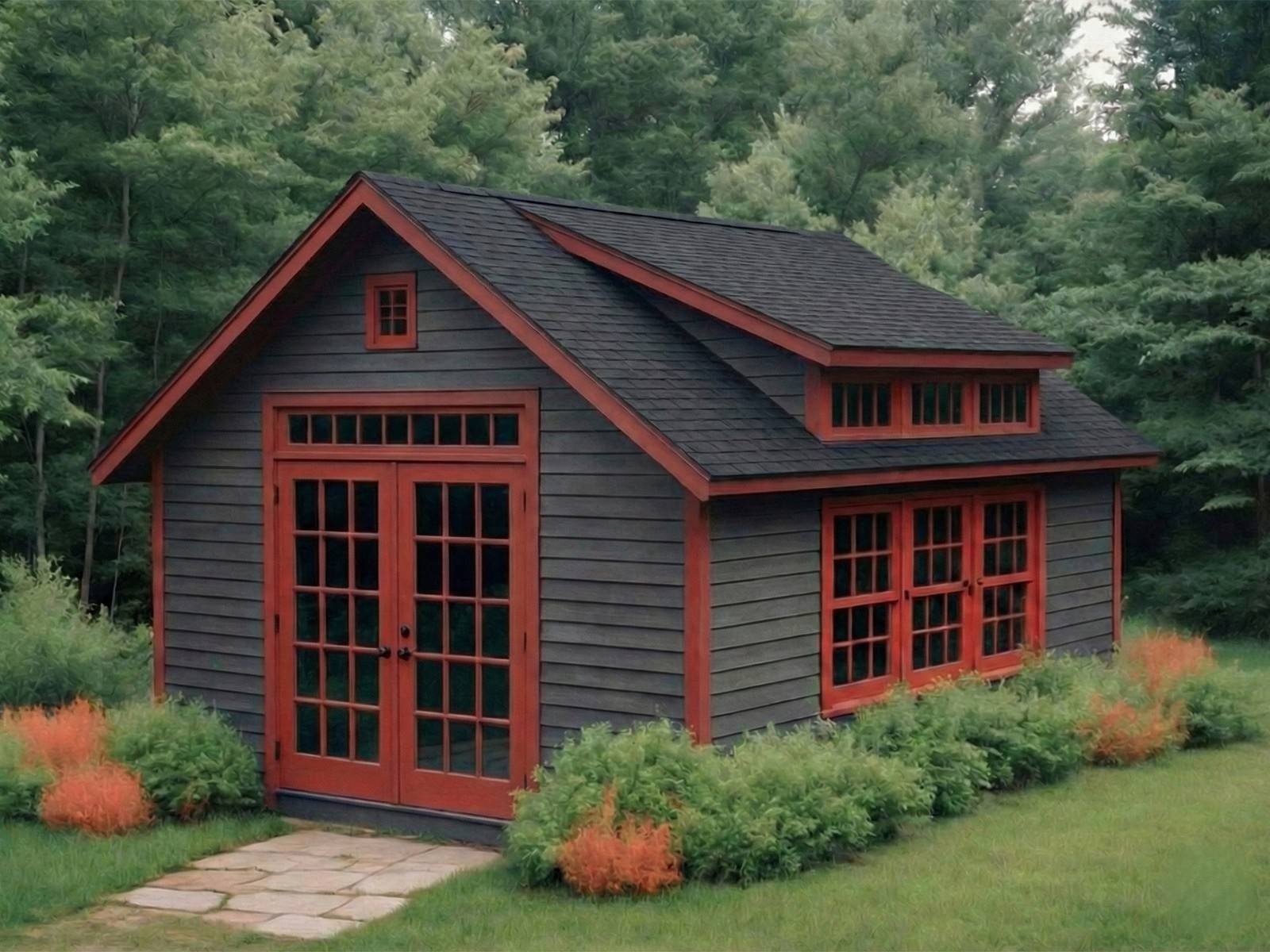 Appalachian Country Cottage shed with dormer, charcoal gray LP SmartSide lap siding, red trim, and double French doors — Blackridge Structures Cincinnati