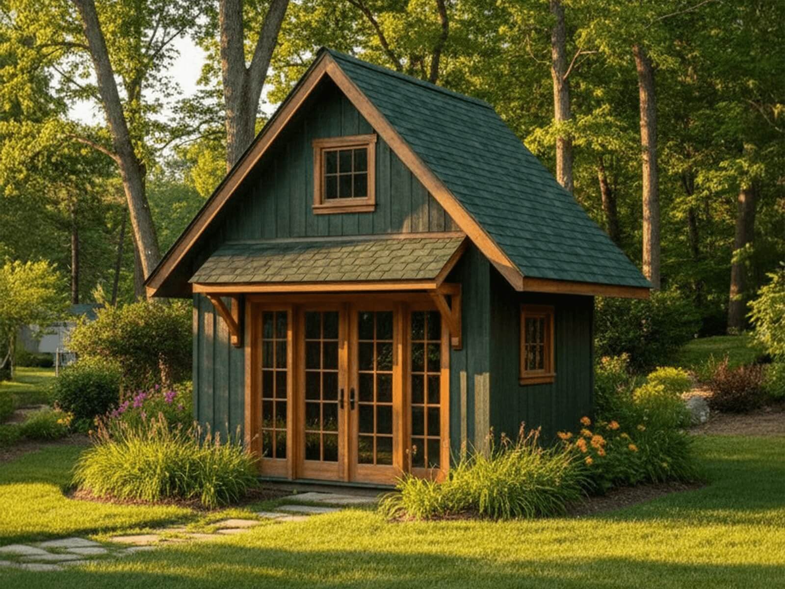 Appalachian Mountain Chalet shed with green board-and-batten siding, steep roof, loft window, and French doors in a wooded backyard setting