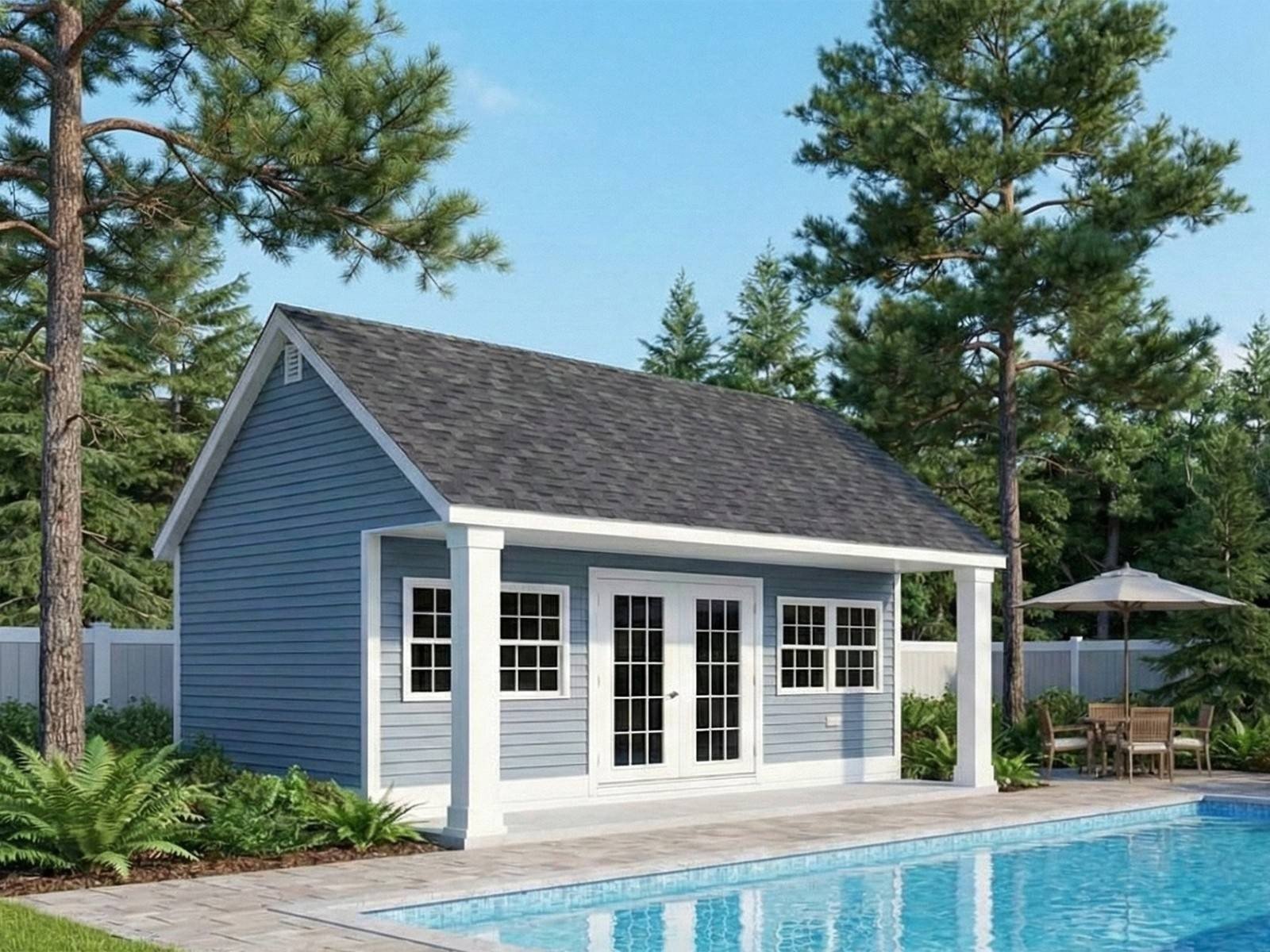 Cumberland Lakehouse pool house with blue vinyl siding, covered porch, and French doors built by BlackRidge Structures Cincinnati