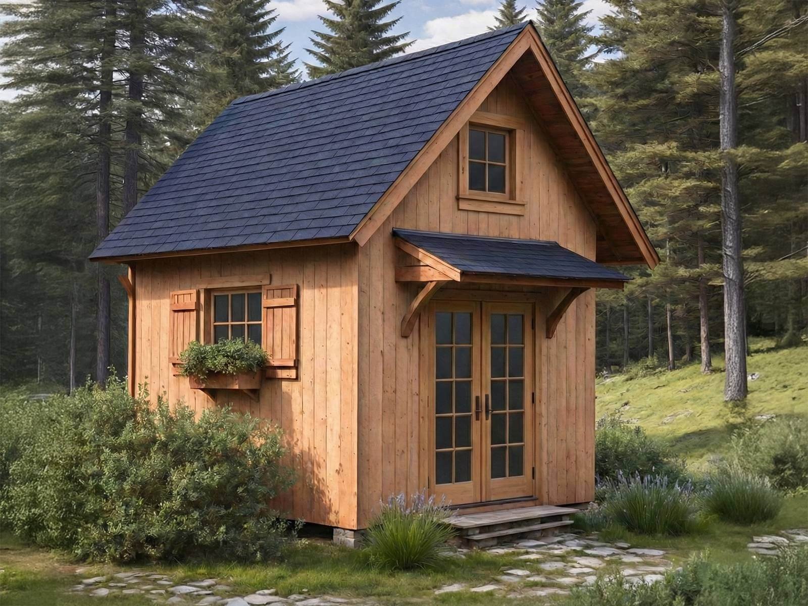 Grandma Janie’s Garden Shed with cedar vertical panel siding, steep gable roof, optional door awning,