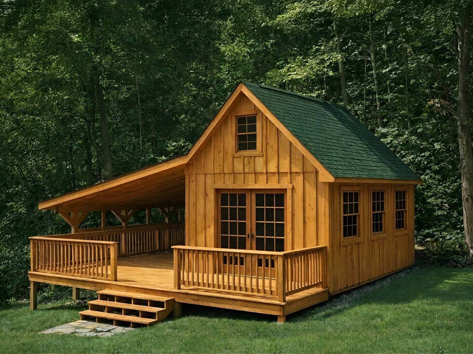 Appalachian-style shed workshop with honey pine board-and-batten siding, green shingle roof, and covered porch deck in a wooded backyard.