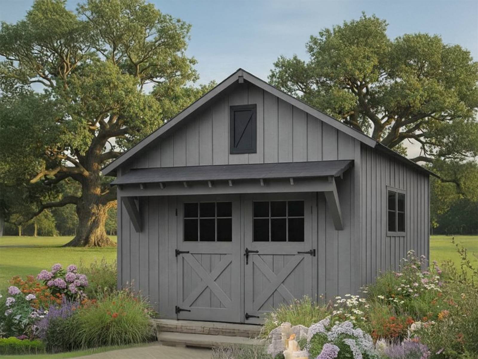 Gray Old General Store shed with LP SmartSide board and batten siding, double X-brace doors with transom windows, gable loft window, and rustic porch overhang in landscaped backyard setting