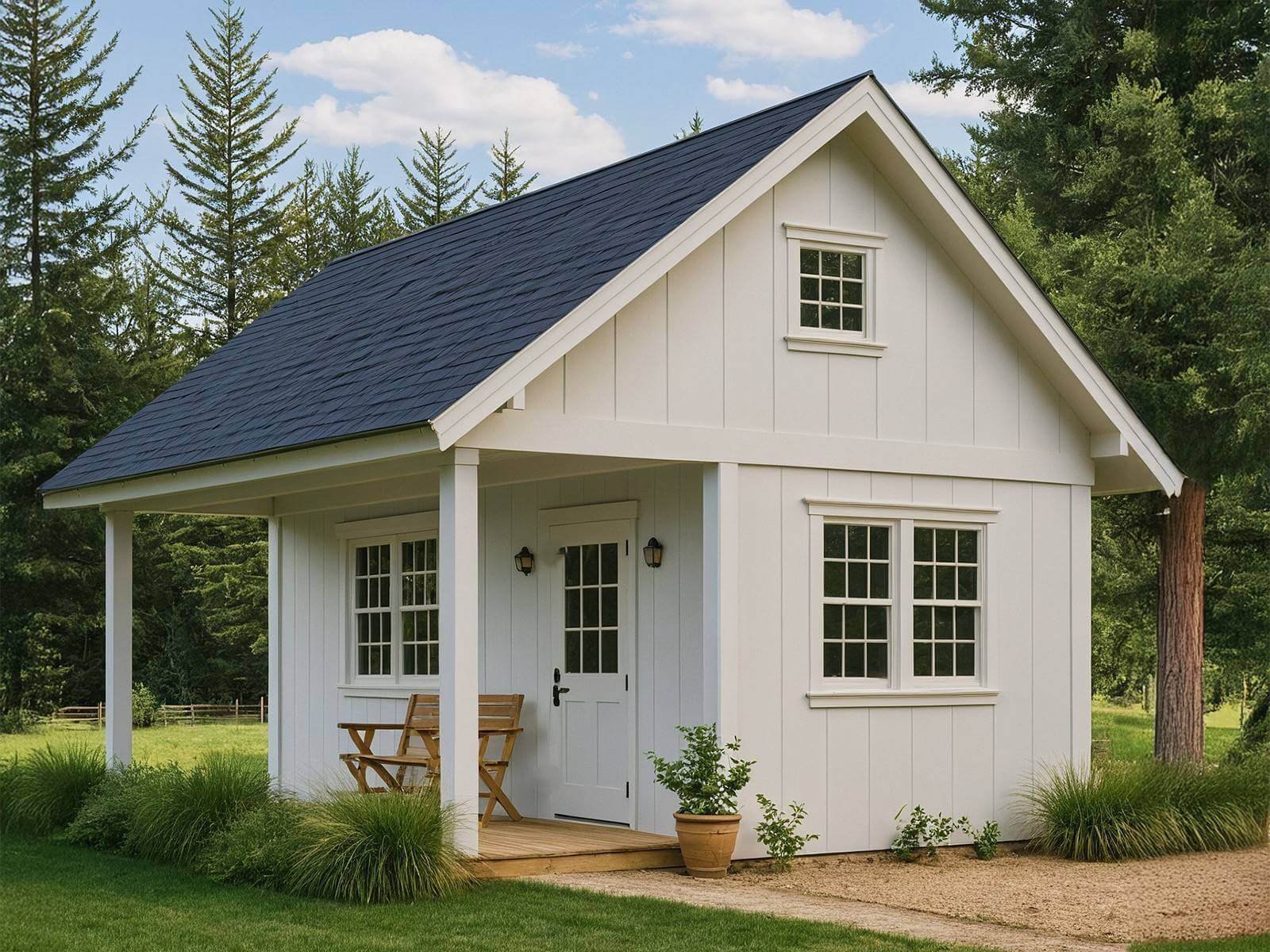 White Kentucky Modern Farmhouse backyard shed with dark gray roof, covered front porch, board and batten LP SmartSide siding, and grid-style windows