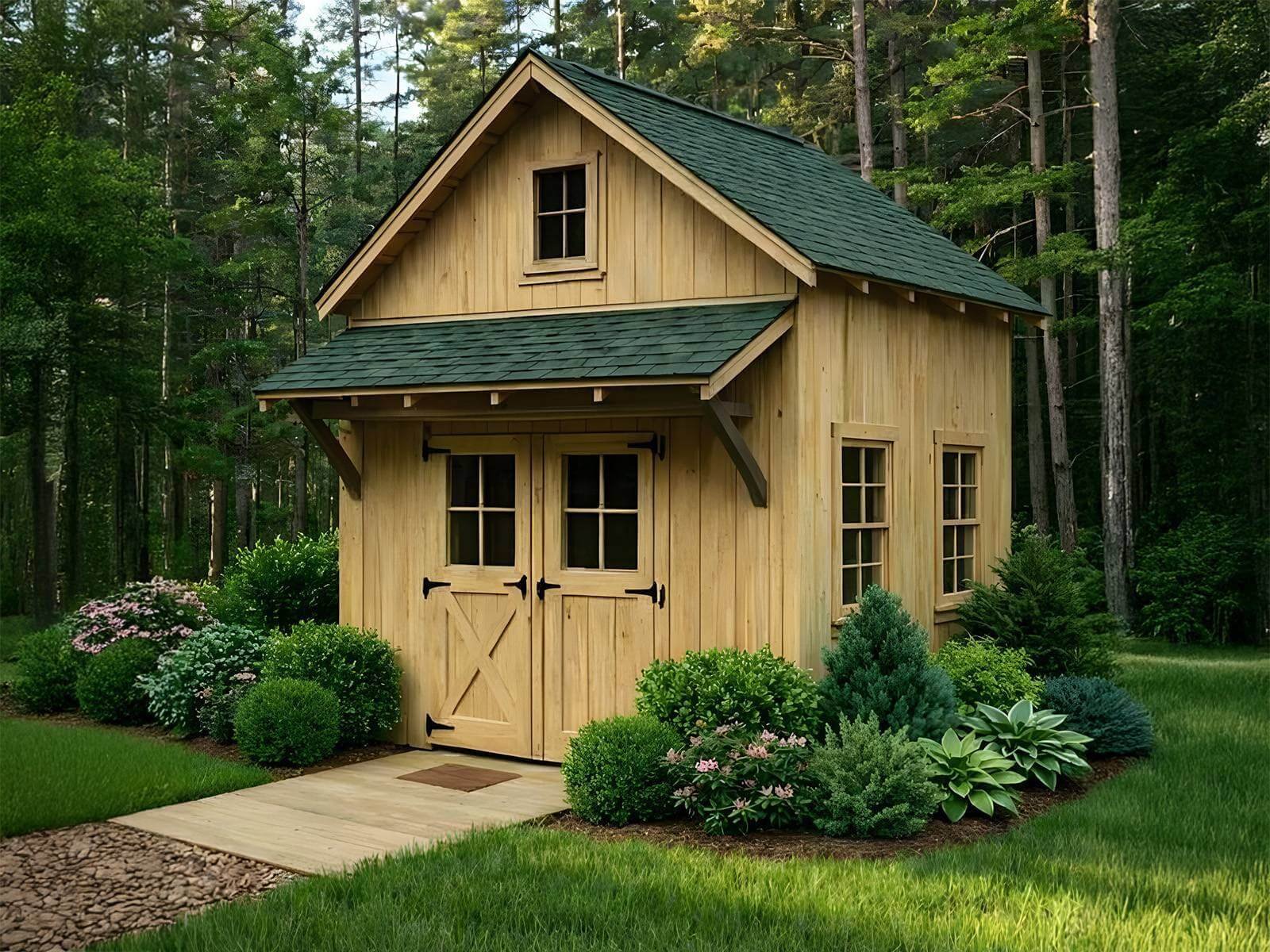 Handcrafted Slade Mountain Shed with natural pine board-and-batten siding, barn-style double doors, loft window, and green shingle roof set in a wooded Appalachian landscape