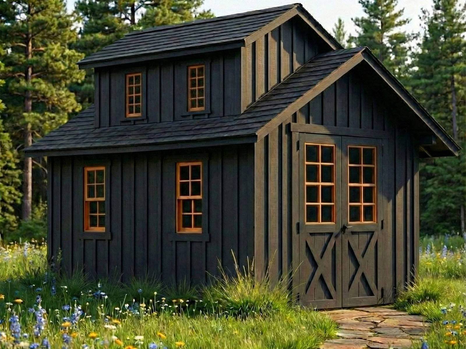 Premium black board and batten storage shed with steep 10/12 pitched roof, cedar-trimmed windows, custom double barn doors, and optional shed dormer built on-site by BlackRidge Structures in Cincinnati Ohio