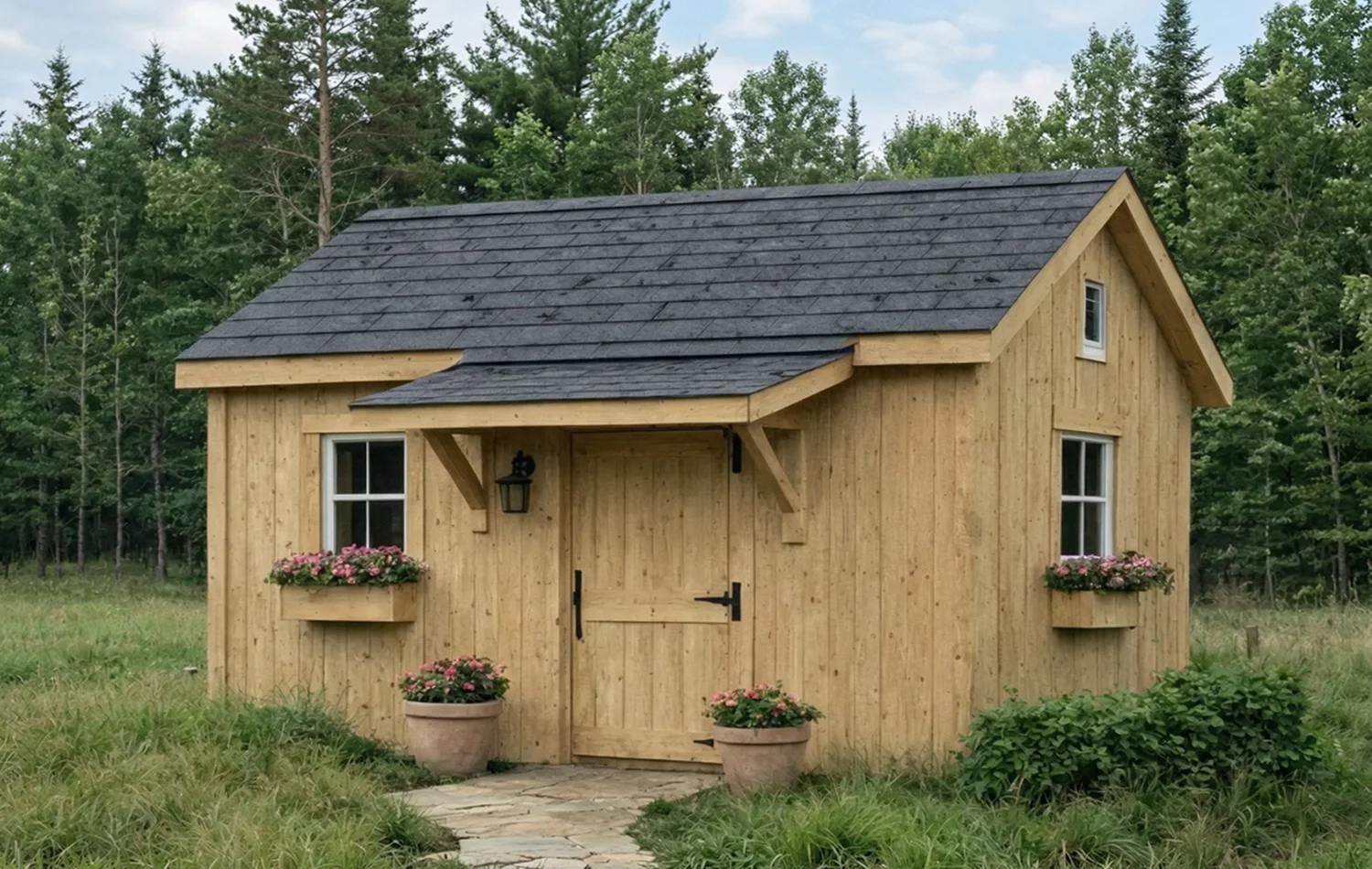 Premium Appalachian-style garden shed with natural wood board and batten siding, gable roof, double doors, and window flower boxes in a landscaped backyard setting