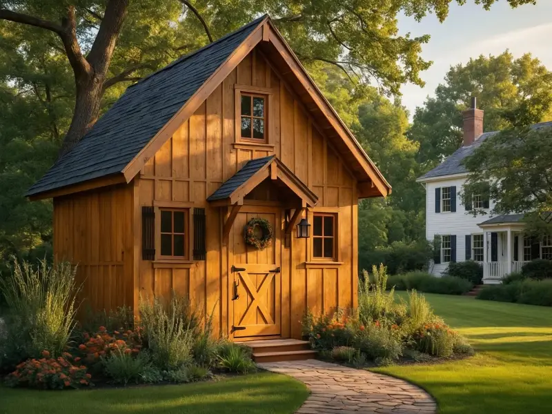 The Gap Country Cottage Shed — Cedar Board-and-Batten Garden Retreat The Gap Country Cottage Shed with cedar-toned board-and-batten siding, steep gable roof, divided-light windows, and cottage garden landscaping in a premium backyard setting.