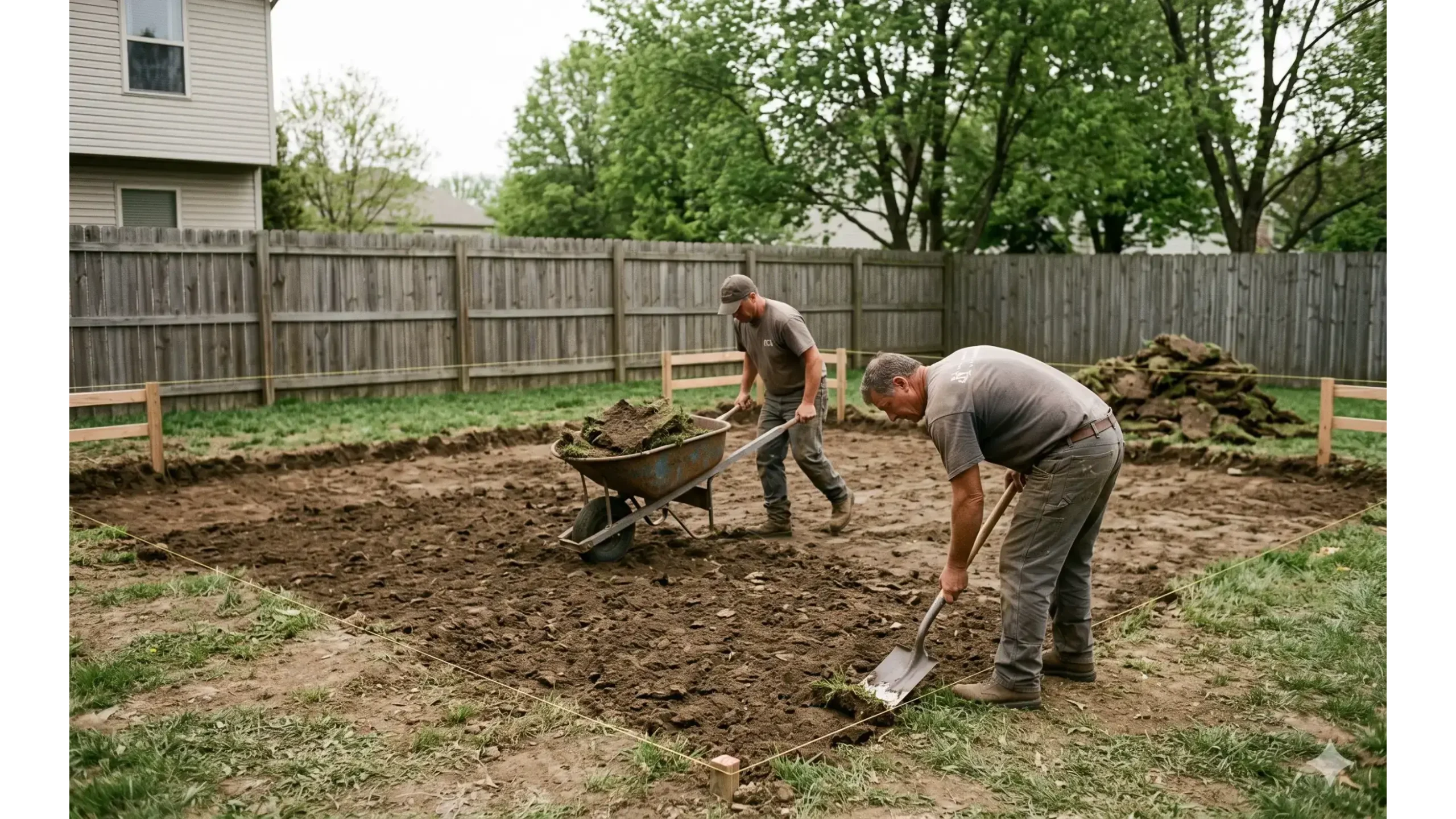 Site Prep Step #4 A luxury Grand Appalachian wooden garden shed featuring natural cedar shake siding, a shed dormer with upper transom windows, double carriage doors, and a flower box in a landscaped backyard