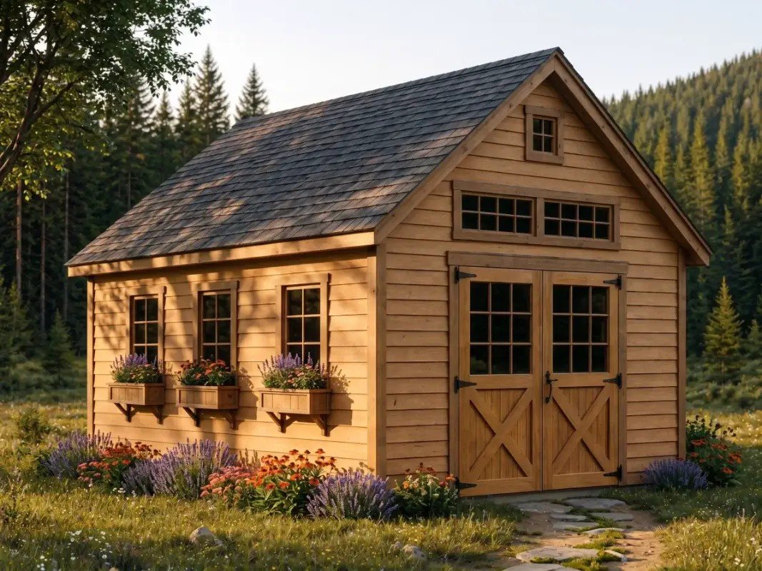 Premium Appalachian-inspired backyard building showing lap siding, trim, windows, custom doors, color, and exterior character