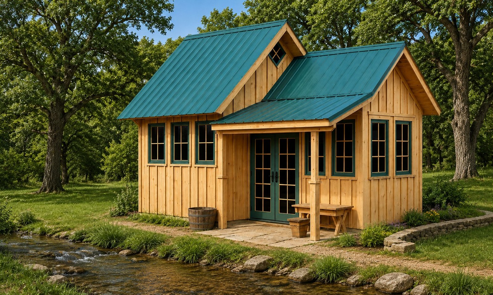 Premium Appalachian-inspired backyard building showing roofline, porch depth, custom windows, French doors, creek, and residential scale