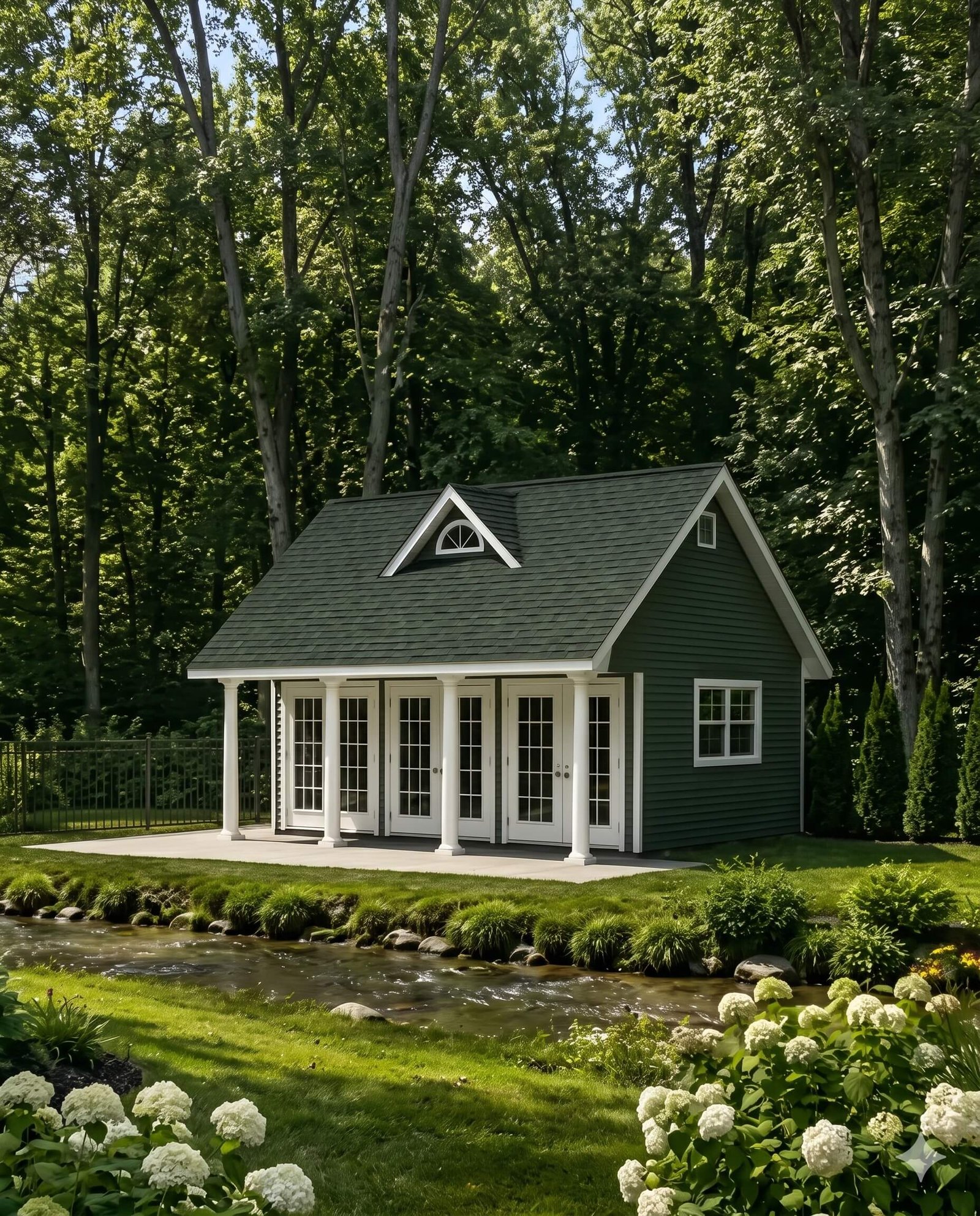 appalachian-pool-house-creekside-retreat-summertime White Appalachian classic backyard shed with board and batten siding, French doors, black shingle roof, flower boxes, and landscaped garden entry.