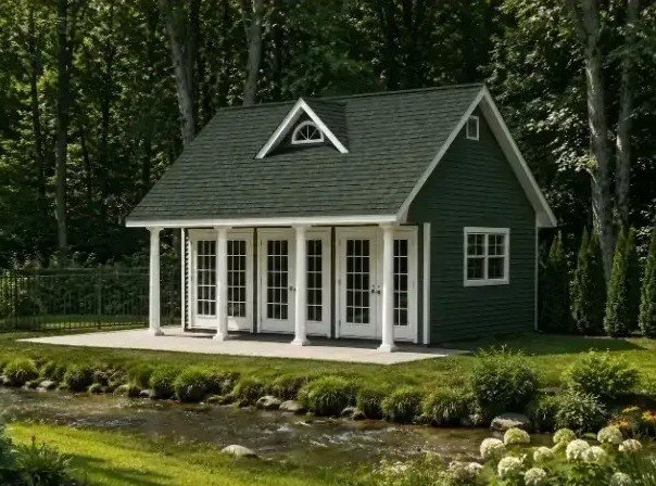 Appalachian Pool House Creekside Retreat by The Vintage Shed Company in a Greater Cincinnati residential backyard setting