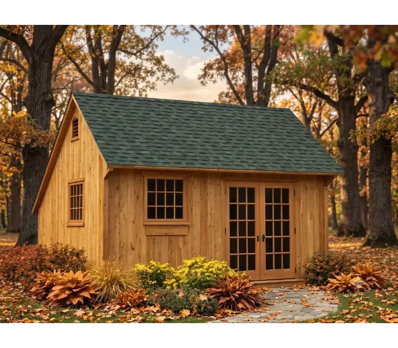 Premium Appalachian antique saltbox shed with natural wood siding, a traditional asymmetrical roofline, divided-light windows, French doors, and autumn landscaping