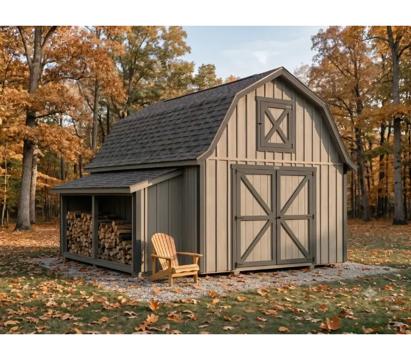 Premium Appalachian barnwood shed with a gambrel roof, board-and-batten siding, traditional crossbuck doors, covered firewood bay, and autumn woodland setting