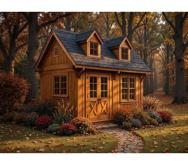 Premium Appalachian carriage house with warm wood siding, twin dormers, landscaped garden placement, and an autumn woodland setting