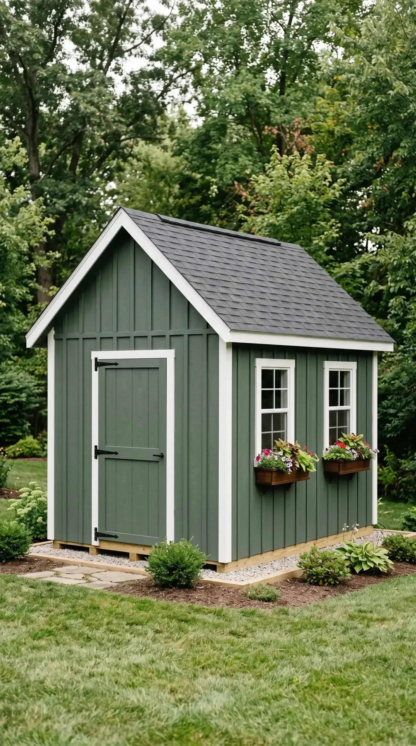 Appalachian Classic backyard shed featuring green LP SmartSide Board and Batten siding, white trim, custom flower boxes, and a natural summer garden setting — built on site by The Vintage Shed Company in Greater Cincinnati
