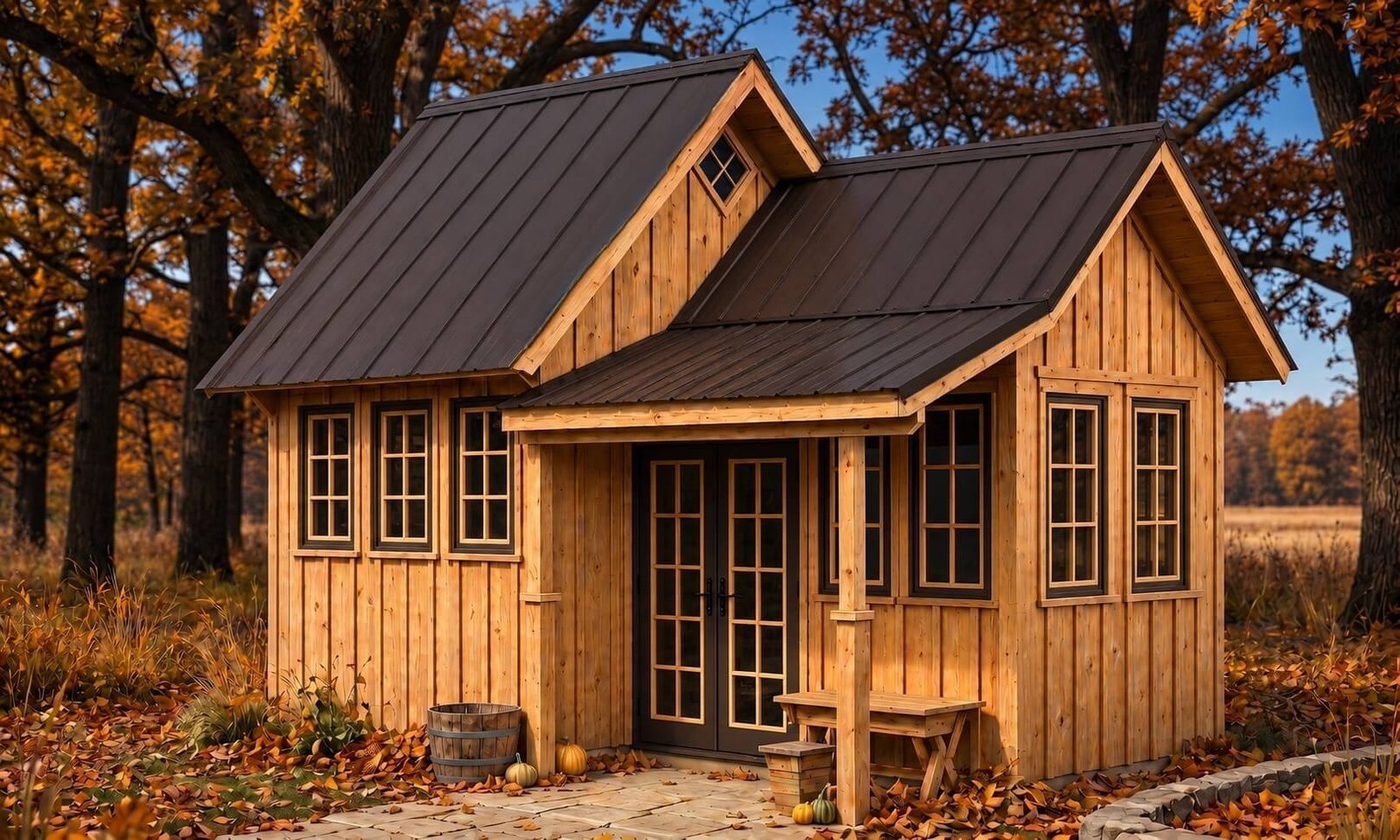 Premium Appalachian Laurel backyard building with natural cedar board-and-batten siding, steep intersecting rooflines, covered entry, divided-light windows, and French doors in an autumn woodland setting