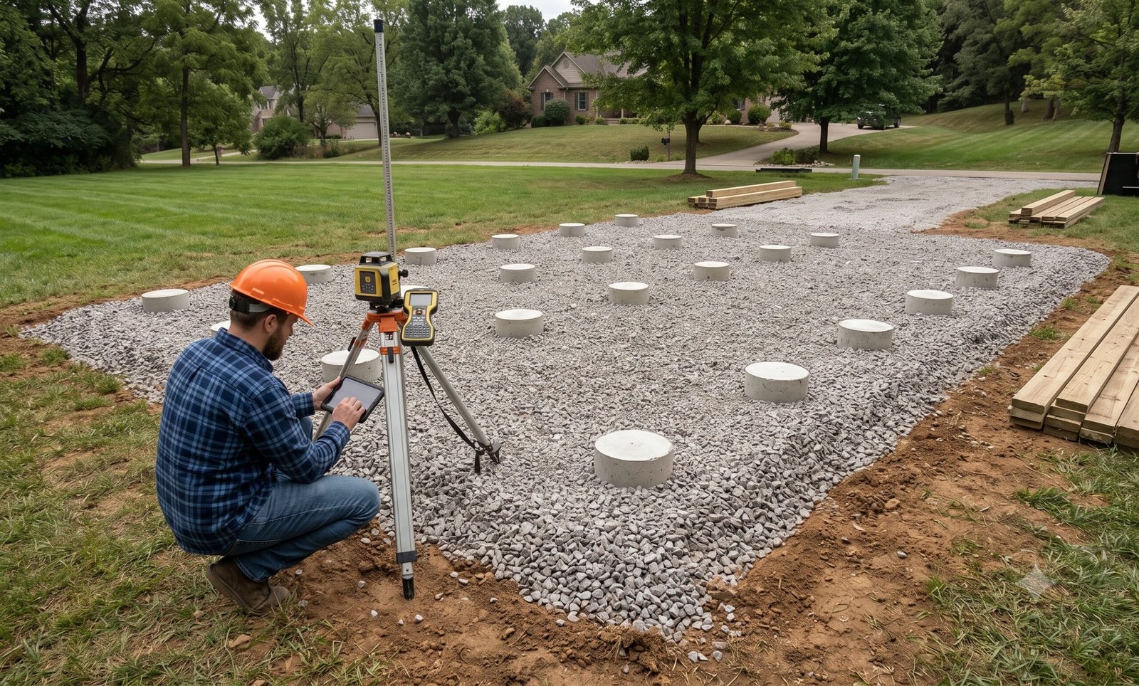 Concrete pier shed foundation combined with gravel pad for backyard building support