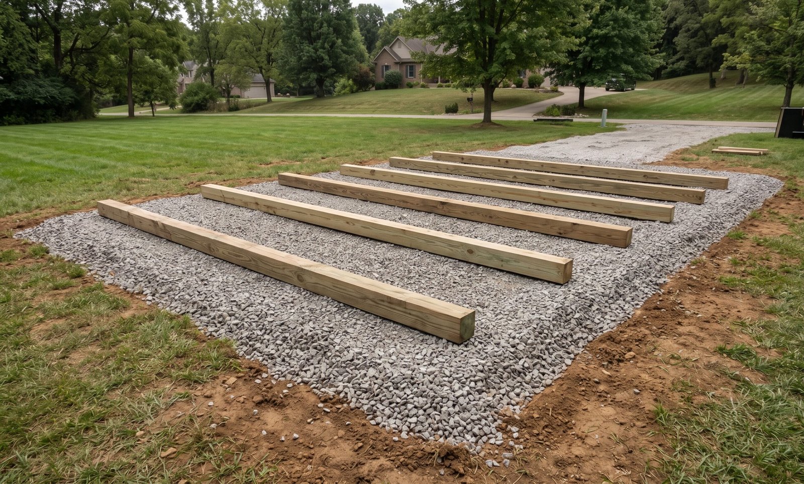 Finished gravel shed foundation pad ready for 6x6 ground-contact pressure-treated foundation beams