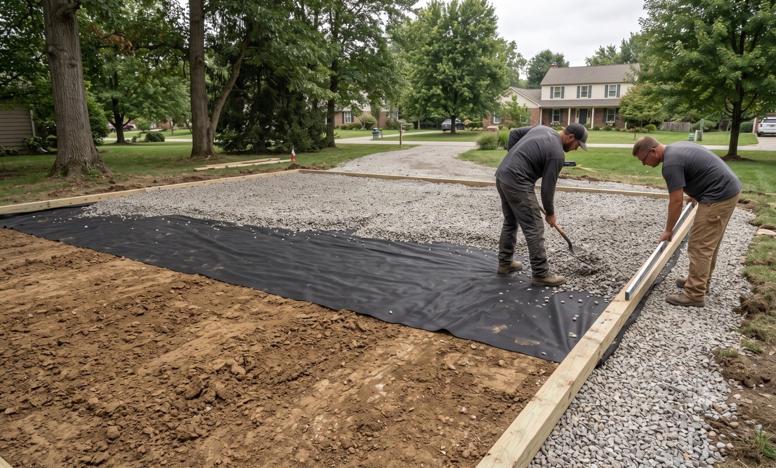 Shed gravel pad foundation with stabilization fabric under clean crushed stone