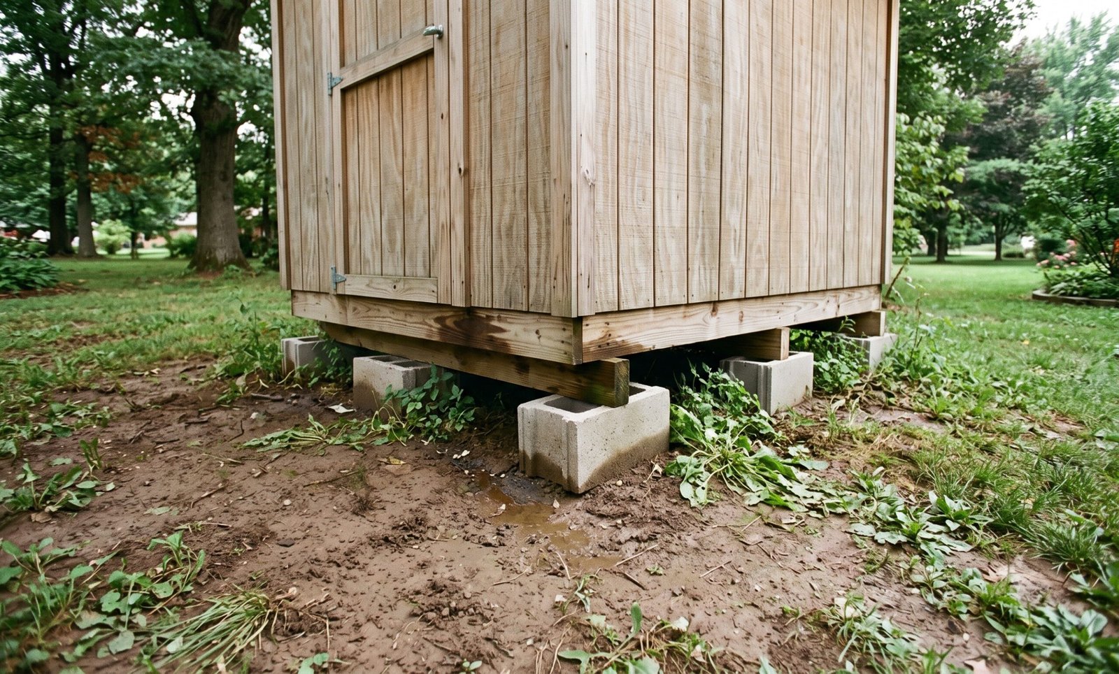 Concrete blocks placed directly on ground under shed showing not recommended foundation approach