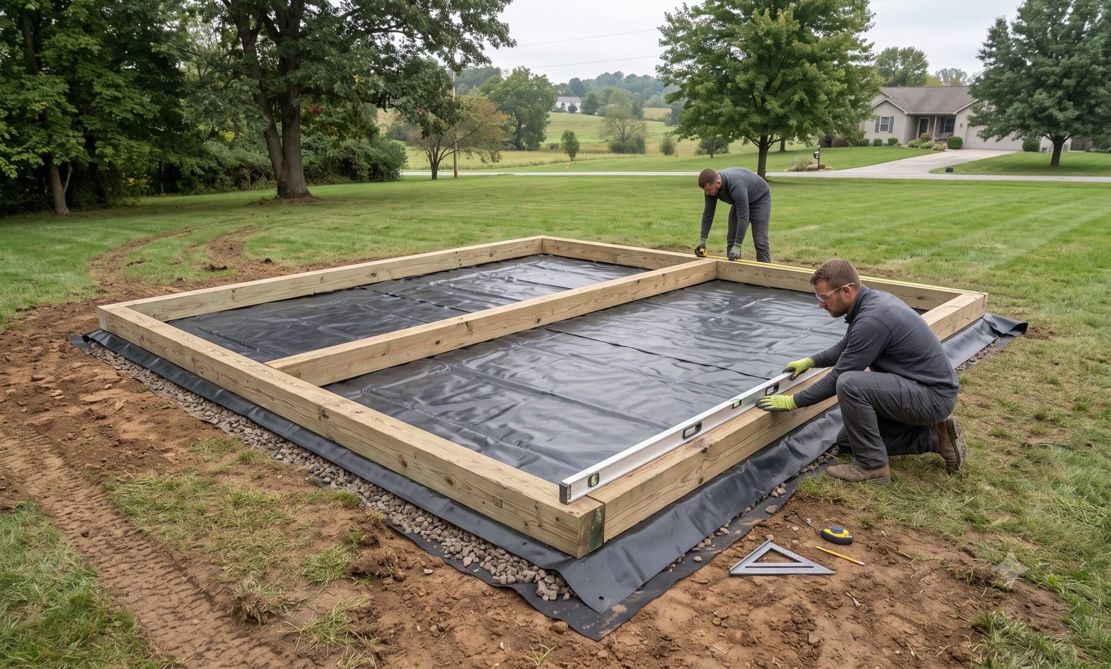 6x6 pressure treated foundation beams placed on prepared gravel pad for backyard building