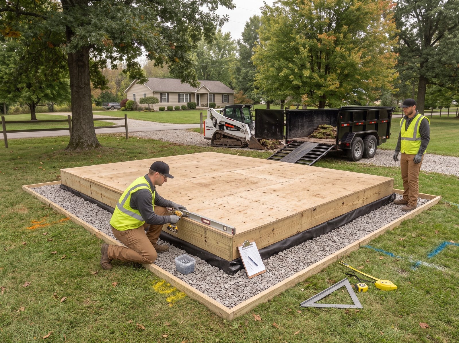 Final inspection of a completed pressure-treated plywood foundation platform before backyard building wall framing begins