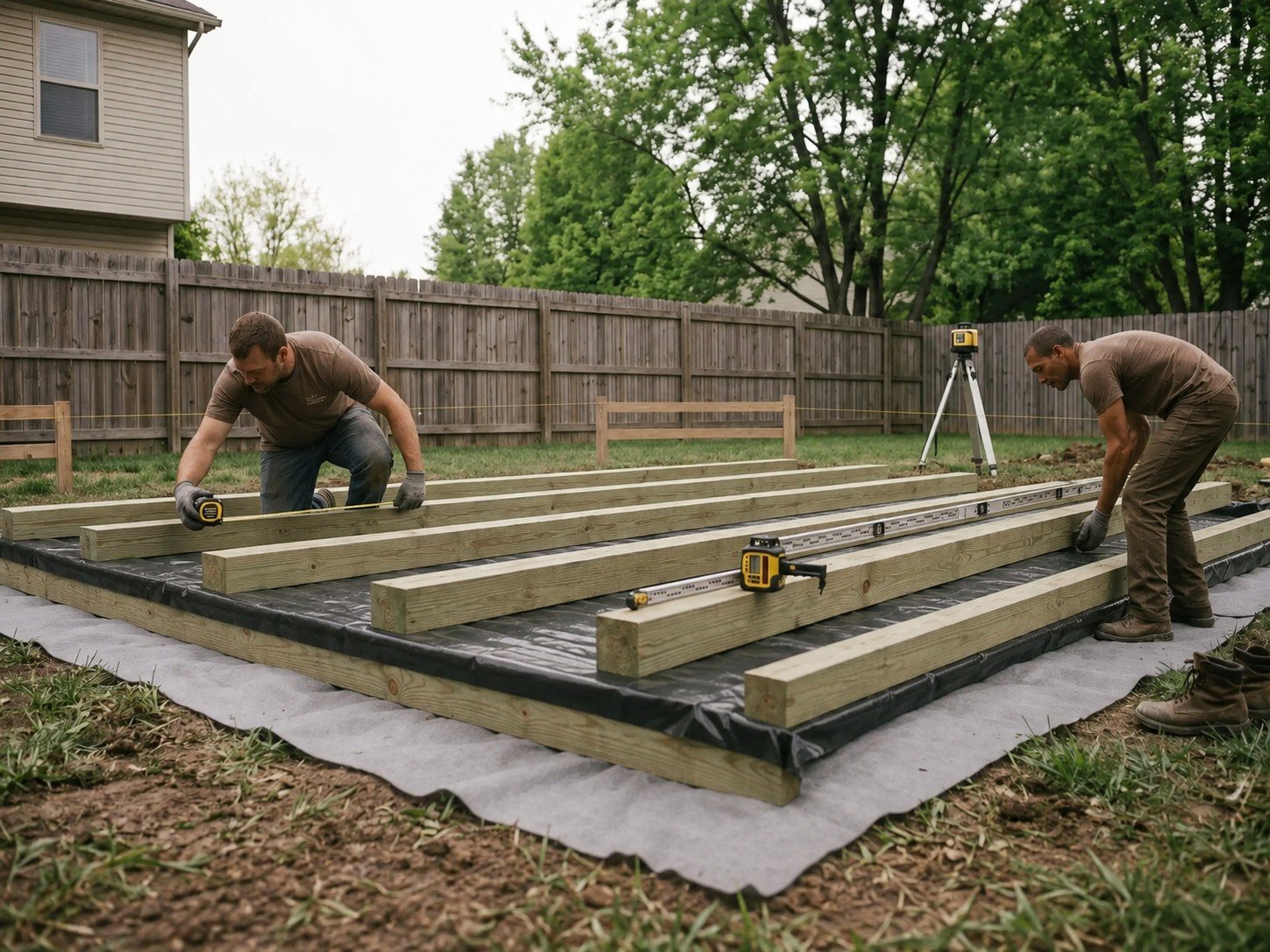 Ground-contact pressure-treated six by six foundation beams being aligned over a moisture-protected gravel pad