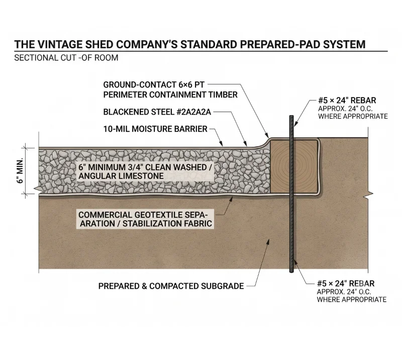 Technical section diagram showing prepared compacted subgrade, geotextile, six inches of clean angular limestone, 10-mil moisture barrier and 6x6 perimeter containment