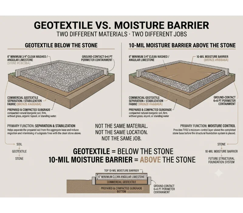 Technical comparison showing geotextile below the stone for separation and stabilization and the 10-mil moisture barrier above the stone for moisture control