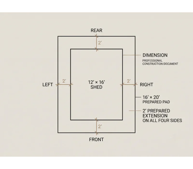 Technical diagram showing a 12 by 16 shed centered inside a 16 by 20 prepared pad with a 2-foot extension on every side