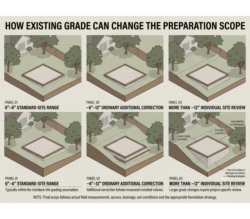Technical comparison of standard 0-to-6-inch grade difference, ordinary 6-to-12-inch correction and site-specific review beyond about 12 inches