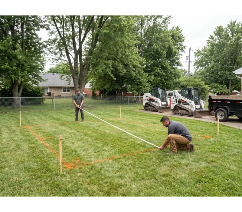 Representative prepared-pad layout with stakes and string lines before excavation