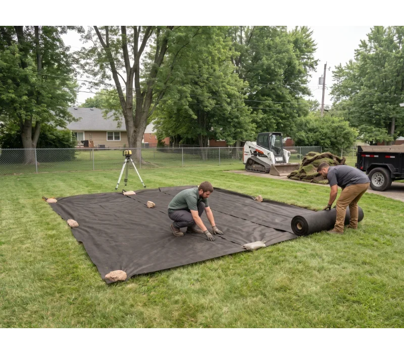 Representative commercial geotextile separation fabric installed over prepared compacted subgrade