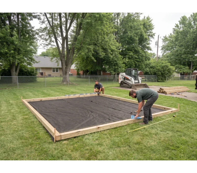 Representative ground-contact 6x6 pressure-treated perimeter containment around the prepared pad