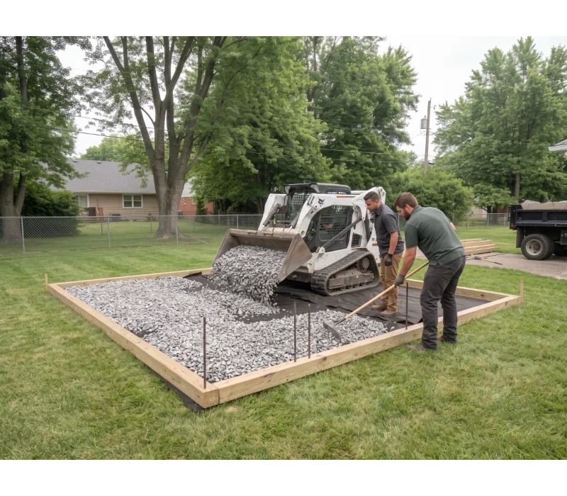 Representative clean angular limestone placement inside the prepared pad perimeter